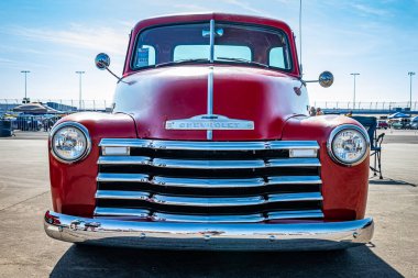 Lebanon, TN - May 13, 2022: Low perspective front view of a 1952 Chevrolet 3100 Pickup Truck at a local car show.