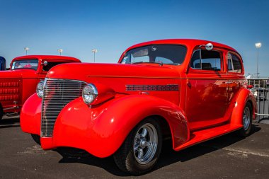 Lebanon, TN - May 13, 2022: Low perspective front corner view of a 1939 Chevrolet Master Deluxe Town Sedan at a local car show.