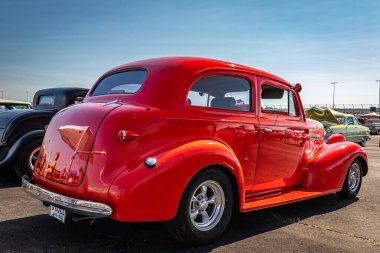 Lebanon, TN - May 13, 2022: Low perspective rear view of a 1939 Chevrolet Master Deluxe Town Sedan at a local car show.