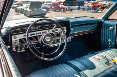 Lebanon, TN - May 13, 2022: Wide angle front interior view of a 1967 Ford Galaxie 500 2 Door hardtop at a local car show.