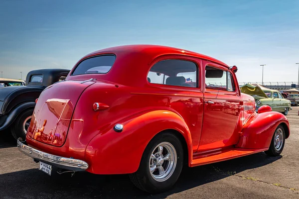 Lebanon, TN - May 13, 2022: Low perspective rear view of a 1939 Chevrolet Master Deluxe Town Sedan at a local car show.