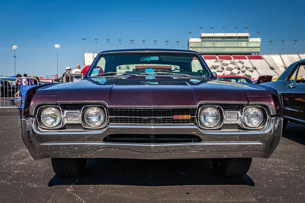 Lebanon, TN - May 13, 2022: Low perspective front view of a 1967 Oldsmobile Cutlass 442 Hardtop at a local car show.