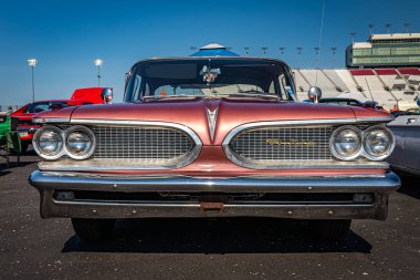 Lebanon, TN - May 13, 2022: Low perspective front view of a 1959 Pontiac Catalina 4 Door Sedan at a local car show.