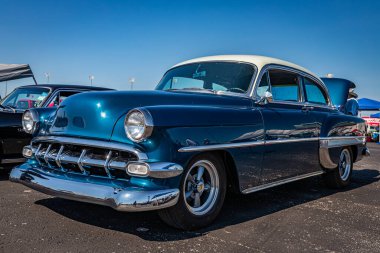 Lebanon, TN - May 13, 2022: Low perspective front corner view of a 1954 Chevrolet Belair 2 Door Sedan at a local car show.