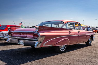 Lebanon, TN - May 13, 2022: Low perspective rear corner view of a 1959 Pontiac Catalina 4 Door Sedan  at a local car show.