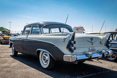 Lebanon, TN - May 13, 2022: Low perspective rear corner view of a 1956 Dodge Coronet D500 2 Door Sedan at a local car show.