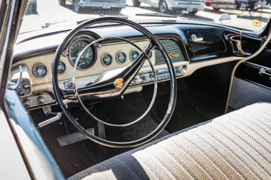 Lebanon, TN - May 13, 2022 High perspective detail interior view of a 1956 Dodge Coronet D500 2 Door Sedan at a local car show.