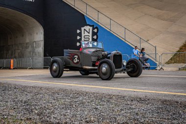 Lebanon, TN - May 14, 2022: Wide angle front corner view of a Customized 1928 Ford Model A Hot Rod at a local car show.