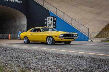Lebanon, TN - May 14, 2022: Wide angle front corner view of a 1970 Dodge Challenger RT Hardtop Coupe at a local car show.