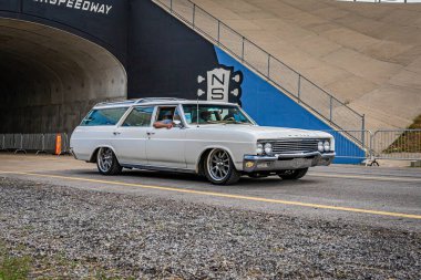 Lebanon, TN - May 14, 2022: Wide angle front corner view of a 1965 Buick Sport  Station Wagon at a local car show.