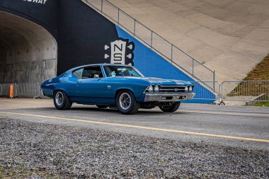 Lebanon, TN - May 14, 2022: Wide angle front corner view of a 1969 Chevrolet Chevelle SS 396 2 Door Hardtop at a local car show.