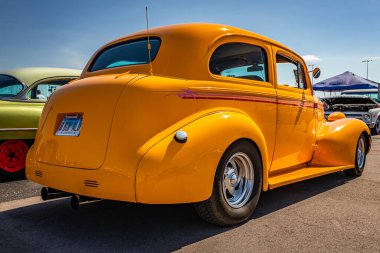 Lebanon, TN - May 13, 2022: Low perspective back corner view of a 1939 Chevrolet Master Deluxe Town Sedan at a local car show.