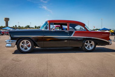 Lebanon, TN - May 13, 2022: Low perspective side view of a 1956 Chevrolet 210 Delray Coupe at a local car show.