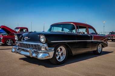 Lebanon, TN - May 13, 2022: Low perspective front corner view of a 1956 Chevrolet 210 Delray Coupe at a local car show.