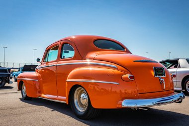 Lebanon, TN - May 13, 2022: Low perspective rear corner view of a 1946 Ford Super Deluxe Coupe at a local car show.