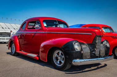 Lebanon, TN - May 13, 2022: Low perspective front corner view of a 1939 Nash LaFayette Hardtop Coupe at a local car show.