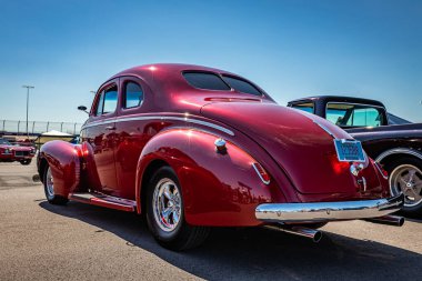 Lebanon, TN - May 13, 2022: Low perspective back corner view of a 1939 Nash LaFayette Hardtop Coupe at a local car show.