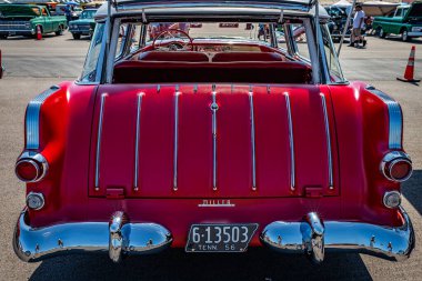Lebanon, TN - May 13, 2022:  High perspective rear view of a 1956 Pontiac Safari Station Wagon at a local car show.