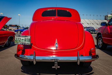 Lebanon, TN - May 13, 2022: Low perspective rear view of a 1937 Ford Model 78 Deluxe Coupe at a local car show.