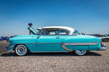 Lebanon, TN - May 13, 2022: Low perspective side view of a 1954 Chevrolet BelAir 2 Door Sedan at a local car show.