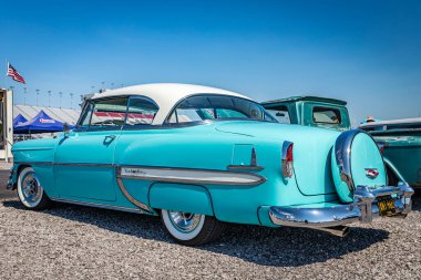 Lebanon, TN - May 13, 2022: Low perspective rear corner view of a 1954 Chevrolet BelAir 2 Door Sedan at a local car show.
