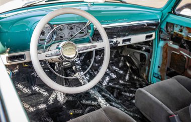 Lebanon, TN - May 13, 2022: High perspective interior detail view of a 1954 Chevrolet BelAir 2 Door Sedan at a local car show.