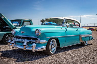Lebanon, TN - May 13, 2022: Low perspective front corner view of a 1954 Chevrolet BelAir 2 Door Sedan at a local car show.