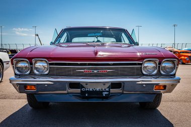 Lebanon, TN - May 13, 2022: Low perspective front view of a 1968 Chevrolet Chevelle Malibu Hardtop Coupe at a local car show.