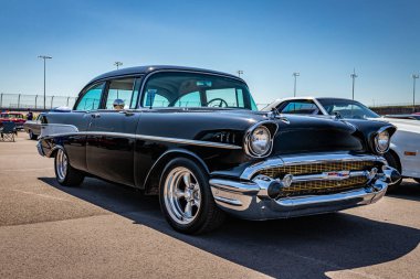 Lebanon, TN - May 13, 2022: Low perspective front corner view of a 1957 Chevrolet Bel Air 2-Door Hardtop at a local car show.