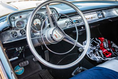 Lebanon, TN - May 13, 2022: Close up detailed  interior view of a 1957 Chevrolet BelAir 2-Door Hardtop at a local car show.