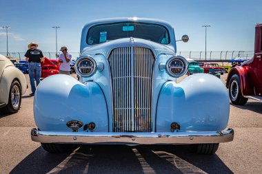 Lebanon, TN - May 13, 2022: Low perspective front view of a 1937 Chevrolet Master Deluxe 2 Door Town Sedan at a local car show.