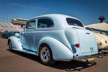 Lebanon, TN - May 13, 2022: Low perspective rear corner view of a 1937 Chevrolet Master Deluxe 2 Door Town Sedan at a local car show.
