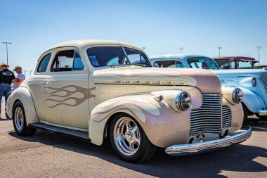 Lebanon, TN - May 13, 2022: Low perspective front corner view of a 1940 Chevrolet Special Deluxe Coupe at a local car show.