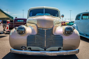 Lebanon, TN - May 13, 2022: Low perspective front view of a 1940 Chevrolet Special Deluxe Coupe at a local car show.