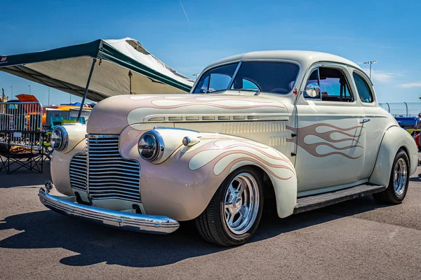 Lebanon, TN - May 13, 2022: Low perspective front corner view 1940 Chevrolet Special Deluxe Coupe of a at a local car show.