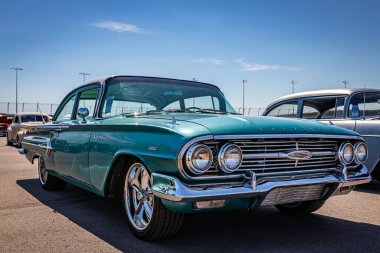 Lebanon, TN - May 13, 2022: Low perspective front corner view of a 1960 Chevrolet BelAir 2 Door Sedan at a local car show.