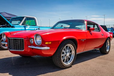 Lebanon, TN - May 13, 2022: Low perspective front corner view of a 1971 Chevrolet Camaro RS Hardtop Coupe at a local car show.