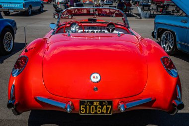 Lebanon, TN - May 13, 2022:  High perspective rear view of a 1957 Chevrolet Corvette Convertible at a local car show.