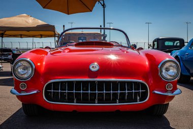 Lebanon, TN - May 13, 2022: Low perspective front view of a 1957 Chevrolet Corvette Convertible at a local car show.