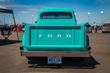 Lebanon, TN - May 13, 2022: Low perspective rear view of a 1955 Ford F100 Pickup Truck at a local car show.