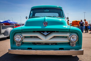 Lebanon, TN - May 13, 2022: Low perspective front view of a 1955 Ford F100 Pickup Truck at a local car show.