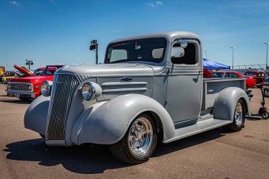 Lebanon, TN - May 13, 2022: Low perspective front corner view of a 1937 Chevrolet Master Pickup Truck at a local car show.