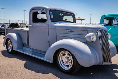 Lebanon, TN - May 13, 2022: Low perspective front corner view of a 1937 Chevrolet Master Pickup Truck at a local car show.