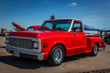 Lebanon, TN - May 13, 2022: Low perspective front corner view of a 1972 Chevrolet C10 Short Bed Stepside Truck at a local car show.