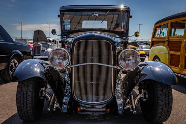 Lebanon, TN - May 13, 2022: Low perspective front view of a 1930 Ford Model A Hardtop Coupe at a local car show.