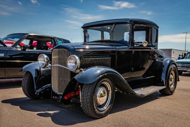 Lebanon, TN - May 13, 2022: Low perspective front corner view of a 1930 Ford Model A Hardtop Coupe at a local car show.