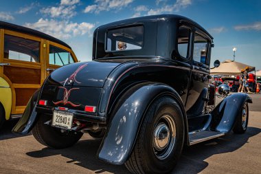 Lebanon, TN - May 13, 2022: Low perspective back corner view of a 1930 Ford Model A Hardtop Coupe at a local car show.