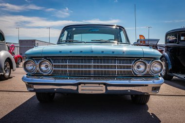 Lebanon, TN - May 13, 2022: Low perspective front view of a 1962 Mercury Meteor S33 2 Door Sedan at a local car show.