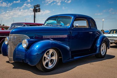 Lebanon, TN - May 13, 2022: Low perspective front corner view of a 1939 Chevrolet Master Deluxe Coupe at a local car show.