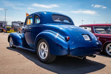 Lebanon, TN - May 13, 2022: Low perspective rear corner view of a 1939 Chevrolet Master Deluxe Coupe at a local car show.